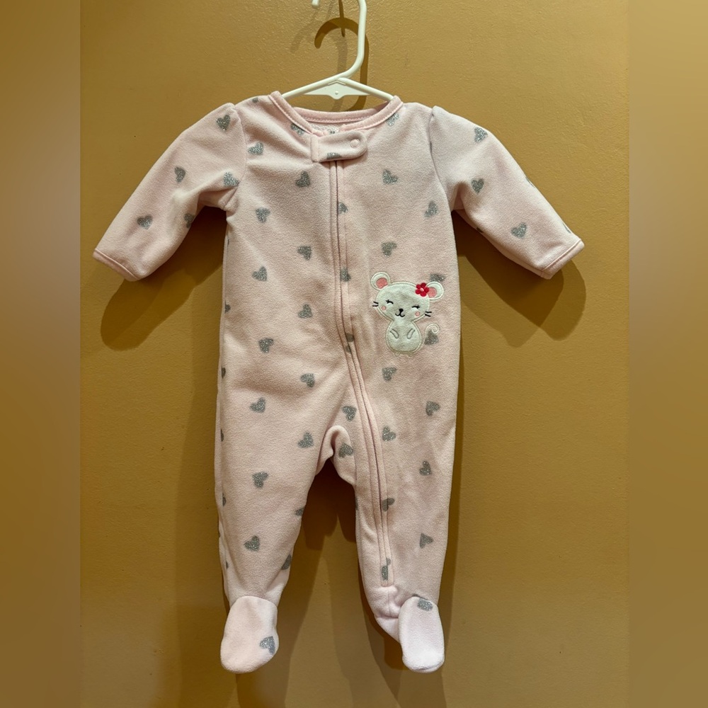 Child of Mine Footed Zip Up Pajamas Sleepwear Pink With Hearts Size 0-3 Months